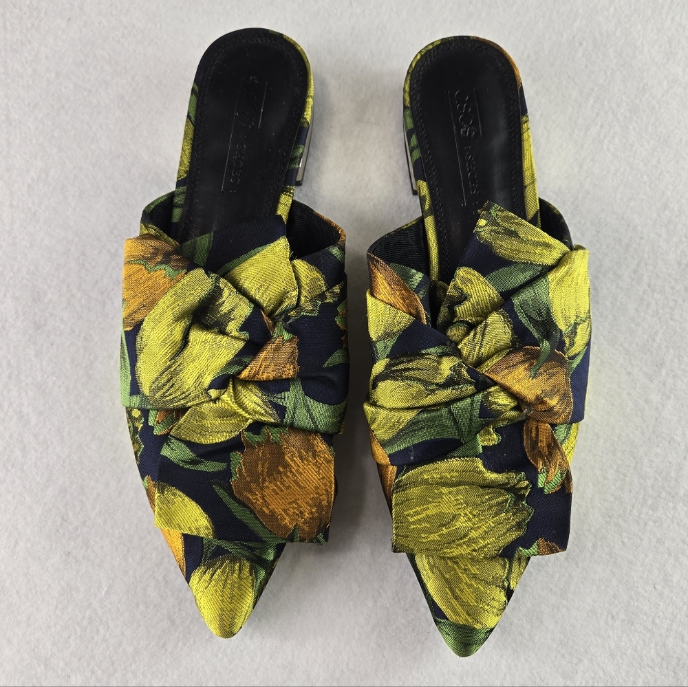 ASOS Pointed Floral Knot Mules in Yellow, Green, Navy